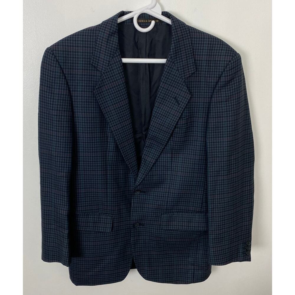 Men St. Michael Marks & Spencer pure new wool plaid 2-button blazer, M